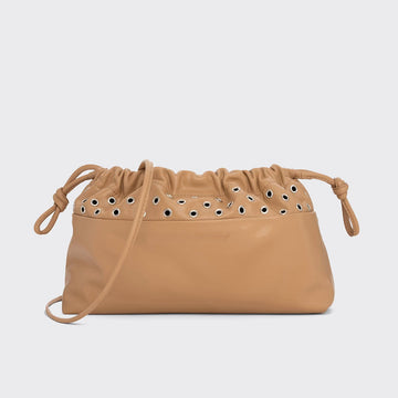 Eyelet Decor Calfskin Drawstring Dual-Magnetic Hand Clutch