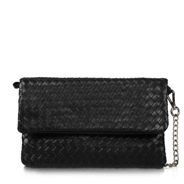 Woven Nappa Leather Fold-Over Snap Hand Clutch